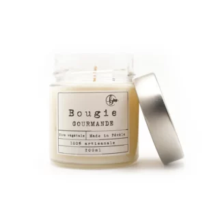 Bougie parfumée à la cire naturelle, avec son couvercle ouvert