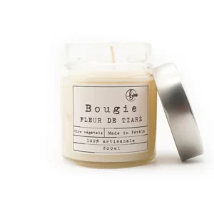Bougie parfumée à la fleur de tiaré avec son couvercle ouvert