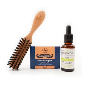 kit de rasage pour homme composé d'une brosse, d'un savon à barbe et d'un flacon d'huile à barbe